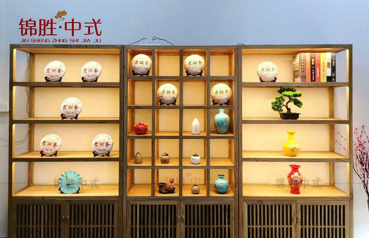 老榆木普洱茶叶饼格子货架展示架实木茶具紫砂壶茶叶店陈列展示柜