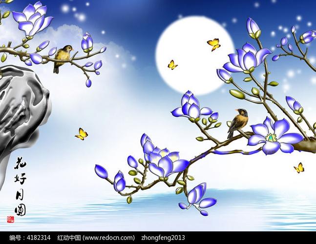 手绘花鸟画中式客厅电视背景墙图片素材_红动手机版