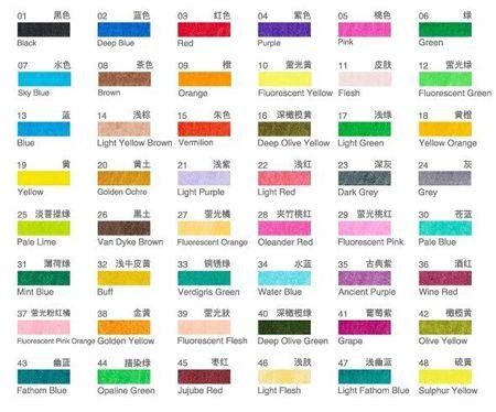 雄狮水粉颜料36色按摆放顺序的名称是什么?