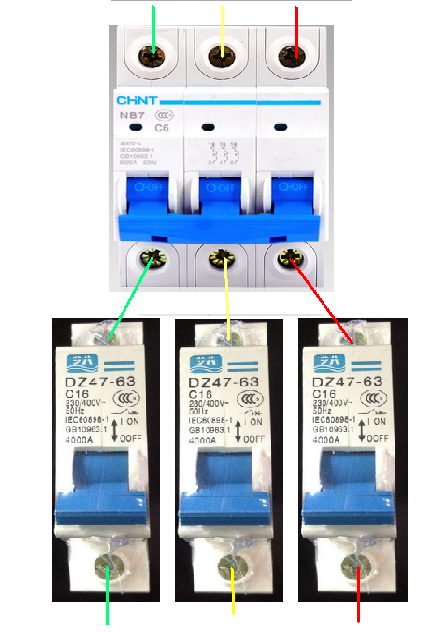 一个3p空开三个单p空开怎么接线