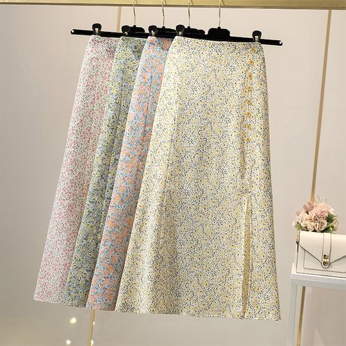 碎花半身裙女2021夏季新款设计感开叉中长款过膝a字印花雪纺裙子 - 忆