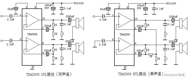tda2009单声道及双声道伴音功放电路图