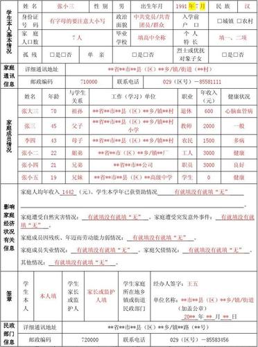 高等学校学生及家庭情况调查表【范表】