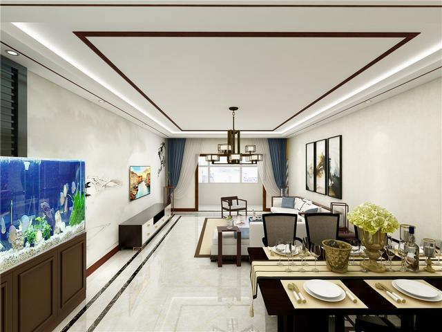 客厅顶面做的是回字形灯池吊顶,客厅较大中间坐了一圈石膏线