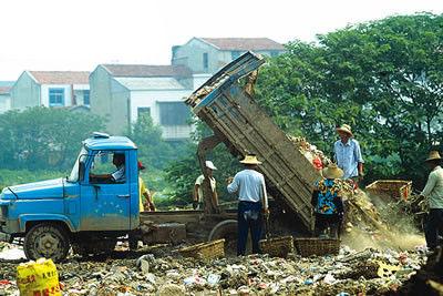环卫车在后官湖岸边倒垃圾 城管:倾倒的是灰和落叶
