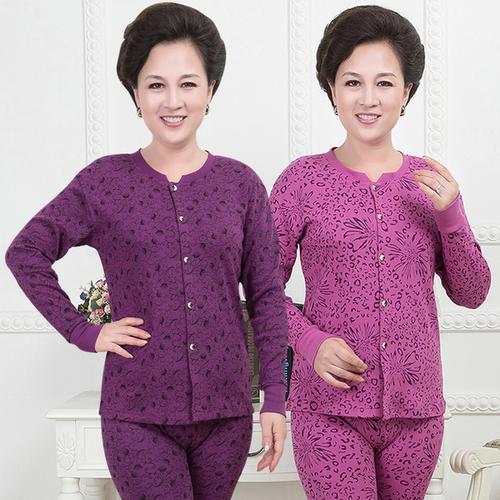 中老年人保暖内衣套装女士纯棉加肥加大码开衫秋衣秋裤开襟棉毛衫