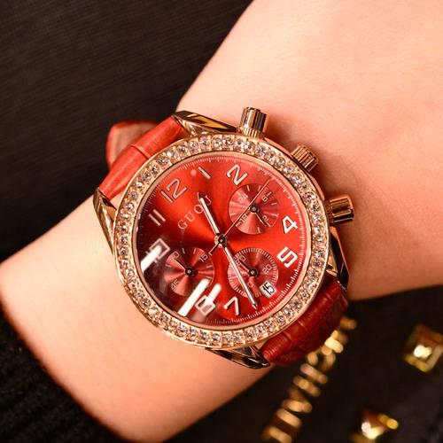 春季新款情人节礼物 大牌风时尚紫色/红色六针带日历腕表女表手表