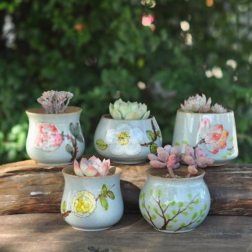 多肉手绘花盆韩国多肉植物花盆复古创意肉肉花盆粗陶罐花盆陶瓷-淘宝
