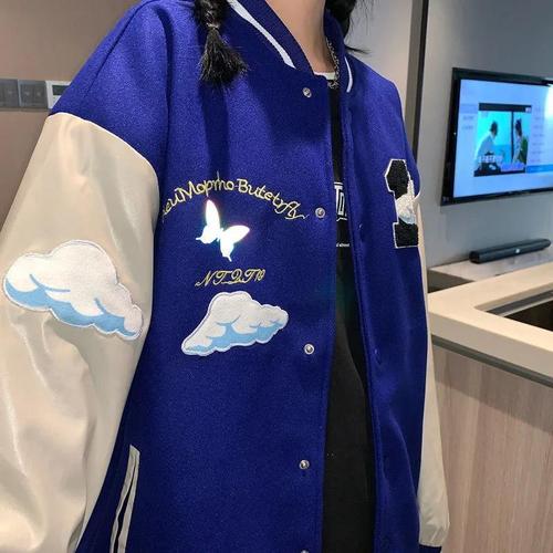 新款春秋季潮牌棒球服女立体拼接白云印花辣妹夹克外套女装潮