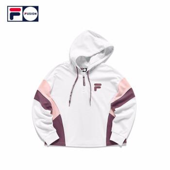 fila fusion 斐乐潮牌女装连帽上衣2021冬季撞色街头运动卫衣 标准白