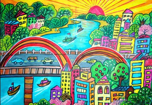 热闹繁华的大城市风景儿童画