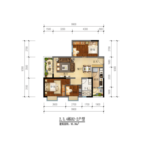 润城,润城3室1厅95.36㎡户型图,朝向-昆明凤凰网房产