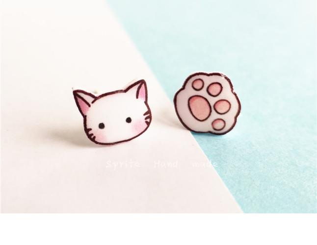 原创手绘卡通猫爪小猫软妹耳饰不对称925银防过敏吸铁石无耳洞_7折