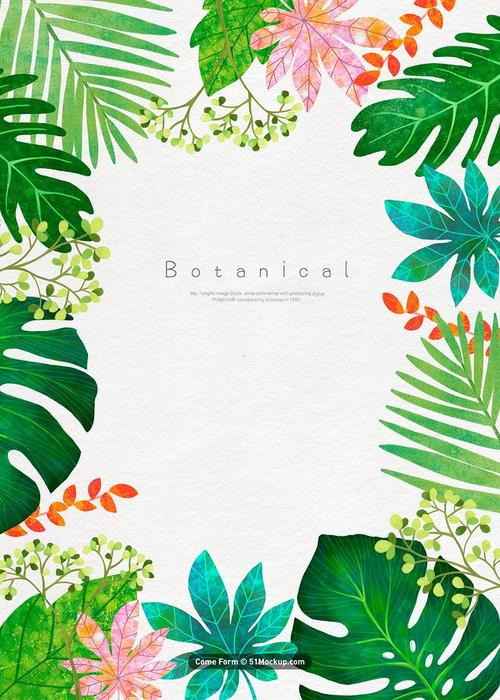 热带植物花卉多色叶子水彩手绘插画psd平面设计绘画插图