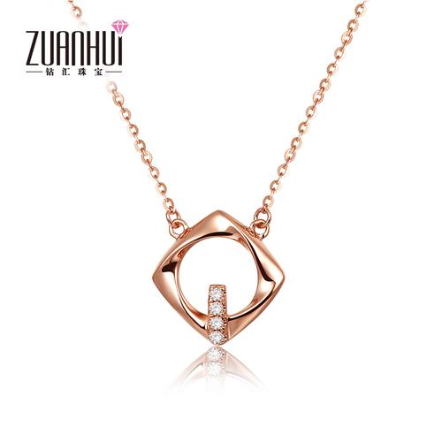 钻汇珠宝 钻石吊坠项链女 时尚玫瑰金色18k金吊坠套链锁骨链正品