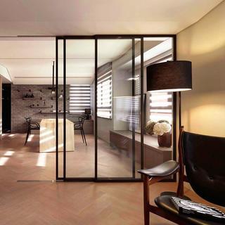 清新典雅新中式厨房玻璃移门搭配丝绸窗帘隔断效果图