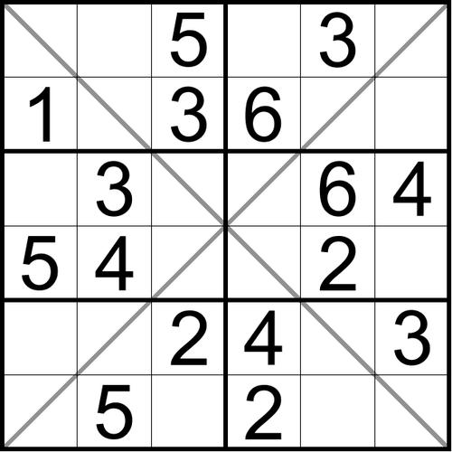 六宫对角线数独:将数字 1-6 填入空格内,使每行,每列,每宫及两个对角