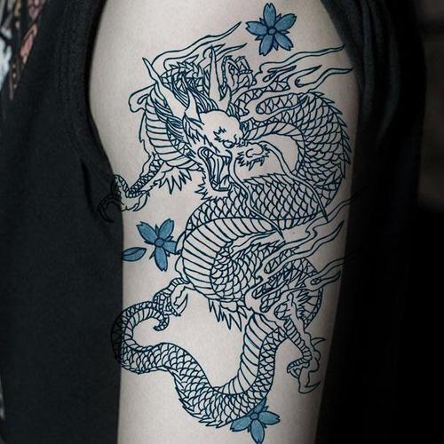 刺青色线条青龙苍龙纹身贴纸防水男女款持久胸背龙