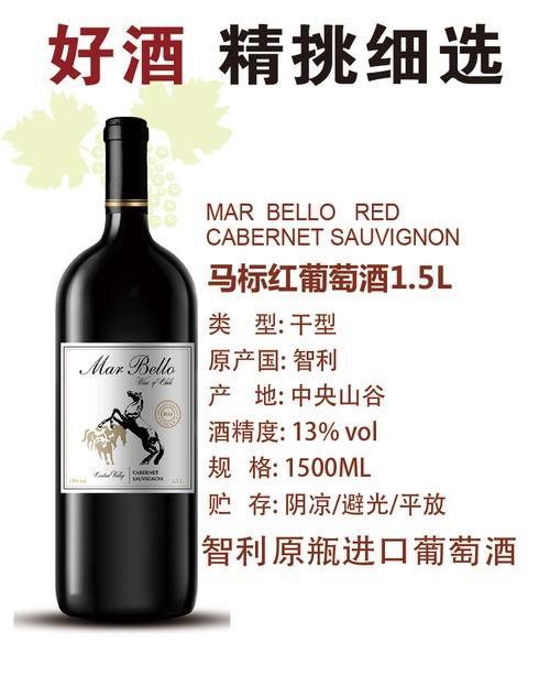智利进口红酒原装原瓶进口 多省包邮 马标红葡萄酒1.5l