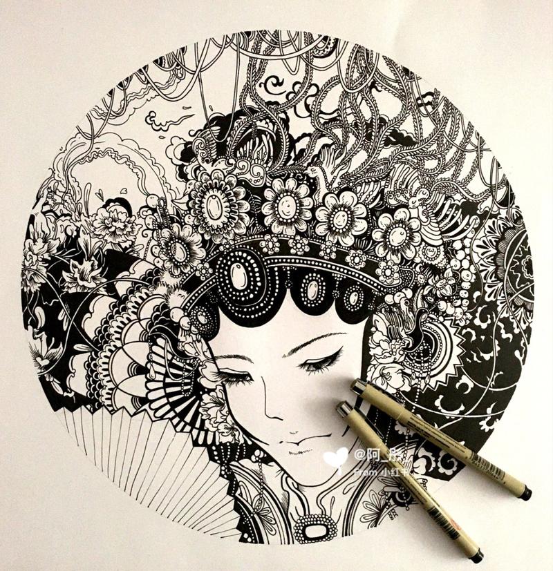 京剧花旦91(针管笔手绘黑白装饰画)