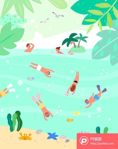 可爱卡通人物手绘插画夏天海边池塘游泳冲浪放假生活psd分层设计素材