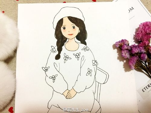 坐着的女孩简笔画 马尾辫身穿红色毛衣唯美女孩简笔画加水彩上色步骤