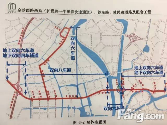 按照规划,金砂西路西延线起点为护堤路,对接杏花桥,采用高架桥加地面
