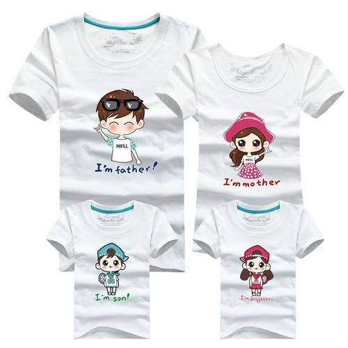 明地一族 亲子装t恤杉 夏季棉质休闲圆领短袖体恤衫 卡通图案一家三四