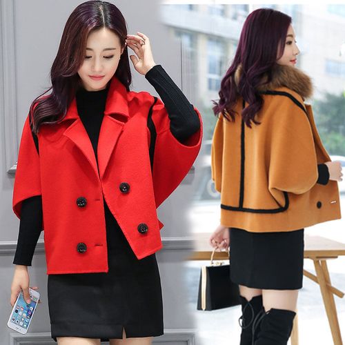 2021秋冬新款毛呢短款外套女韩版宽松时尚气质女短装呢子蝙蝠衫女