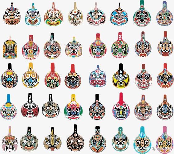 民间艺术彩绘马勺脸谱集锦png素材透明免抠图片-动植人物