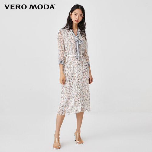 veromoda春夏新款领部系带碎花衬衫式收连衣裙连衣裙