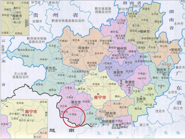 中国广西壮族自治区地图上面的宁明县