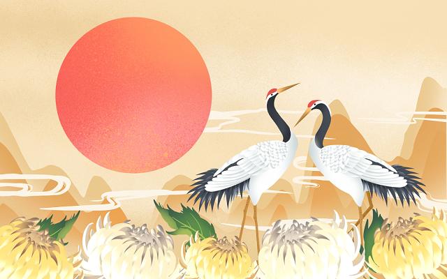 手绘古风重阳节仙鹤复古风景原创插画海报