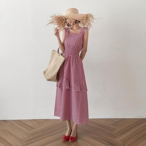 度假风chic格子吊带连衣裙ins超火少女心sukol复古仙女裙bf长裙夏