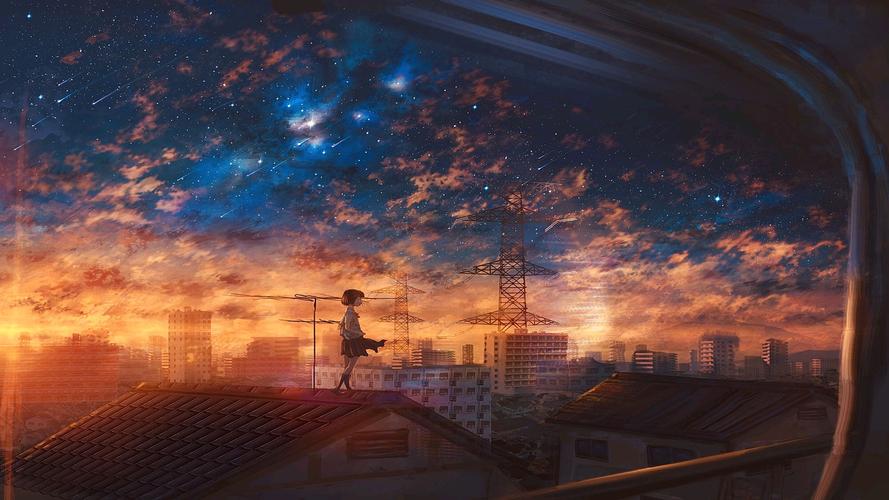 夕阳黄昏唯美画风的二次元动漫风景壁纸电脑壁纸四