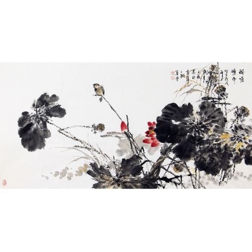 已售王占海四尺横幅花鸟画国画荷花荷塘秋雨