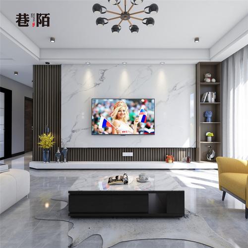 巷陌大理石电视背景墙瓷砖现代简约微晶石轻奢影视墙造型免漆柜子