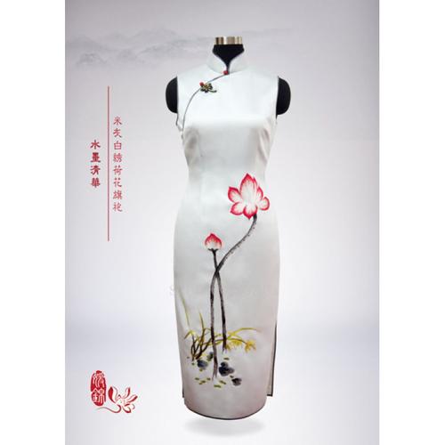 【定制非现货】米灰白真丝精工刺绣荷花短款旗袍