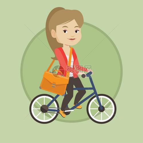 背着公文包骑自行车的年轻女孩卡通矢量插画