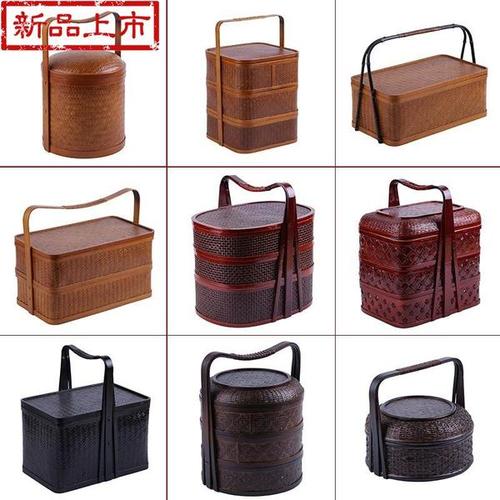 购客复古竹编中式食盒饭盒旅行茶具m收纳便携茶箱结婚手提篮子多层