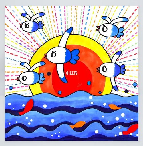 儿童画教程|水彩笔涂色练习之翱翔的海鸥_海鸥_儿童画