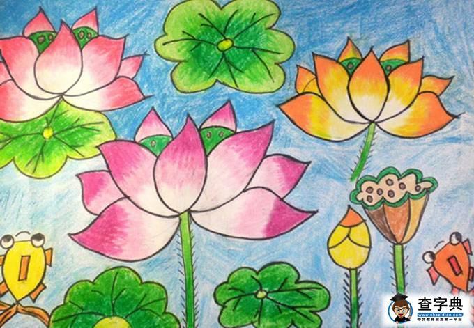 小学生蜡笔画作品图_蜻蜓和荷花