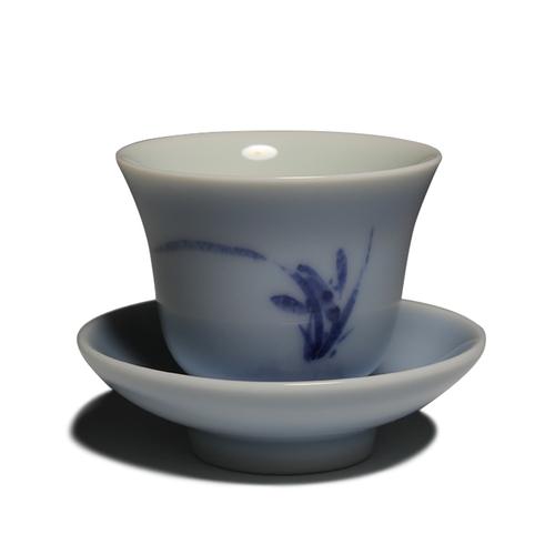 台湾陶艺大师蔡晓芳窑手绘青花海蓝釉兰花杯组一杯一杯托茶杯茶具