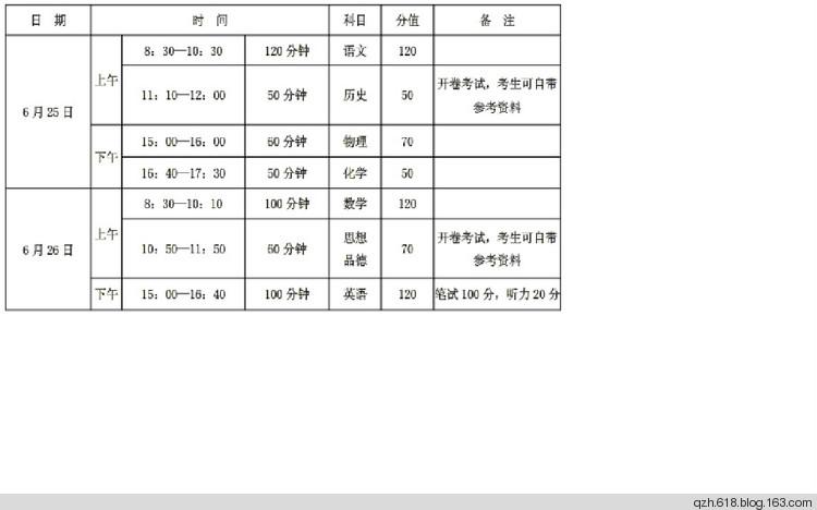 河南省中招考试时间表格