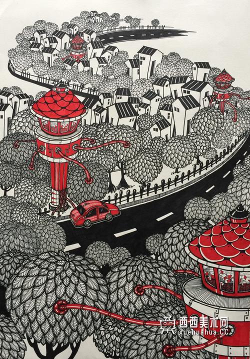 一等奖中学生获奖科幻画《生物能源提取塔》__科幻画_科幻画图片大全