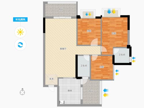 鸿通翡翠华庭3室2厅2卫1厨105.00㎡户型图