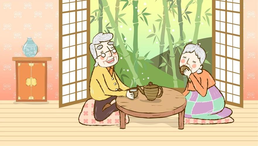 情人节卡通图片之一起喝茶的卡通金色情人节老两口|图片推荐