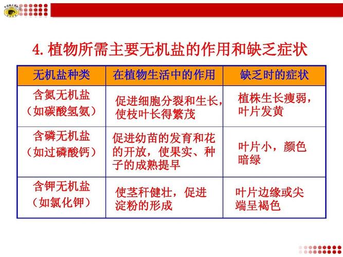 4植物所需主要无机盐的作用和缺乏症状
