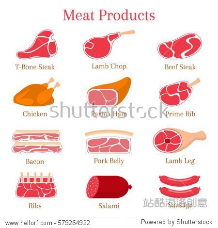 illustration with different kinds of meat beef steak, lamb chop