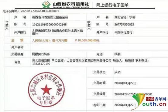 汾酒集团捐款回执单.汾酒集团供图